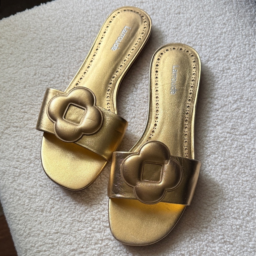 Larroude Metallic Gold Flower Slide Sandals